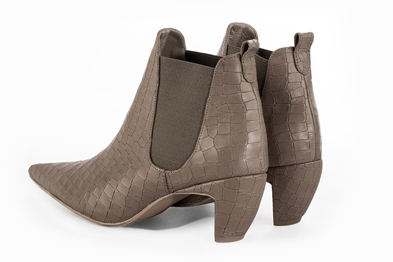 Women's bronze beige and taupe brown elegant Chelsea ankle boots, with side elastics. Pointed toe. Medium comma heels - Rear view